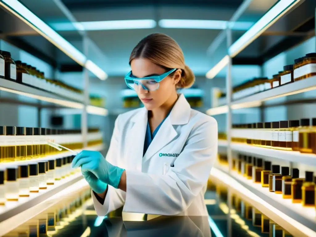 Avanzada investigación de omega-3 en un laboratorio futurista Un investigador en un laboratorio moderno y vibrante mide suplementos de omega3, destacando los beneficios en la inflamación