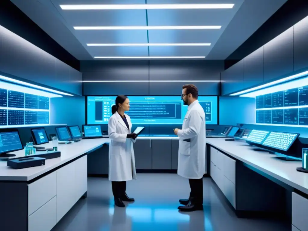 Avanzado laboratorio futurista para investigación de berberina en diabetes Investigadores en bata blanca analizan datos en un laboratorio futurista, destacando los beneficios de la berberina en diabetes