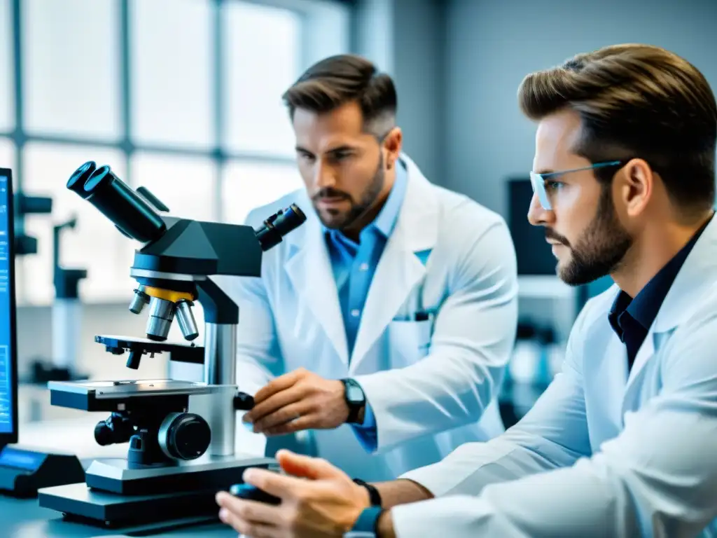 Análisis científico de suplementos pre-entrenamiento para energía explosiva Investigadores en batas analizan suplementos preentrenamiento para energía explosiva bajo microscopios de alta potencia, rodeados de equipos científicos avanzados y gráficos mostrando resultados de estudios científicos