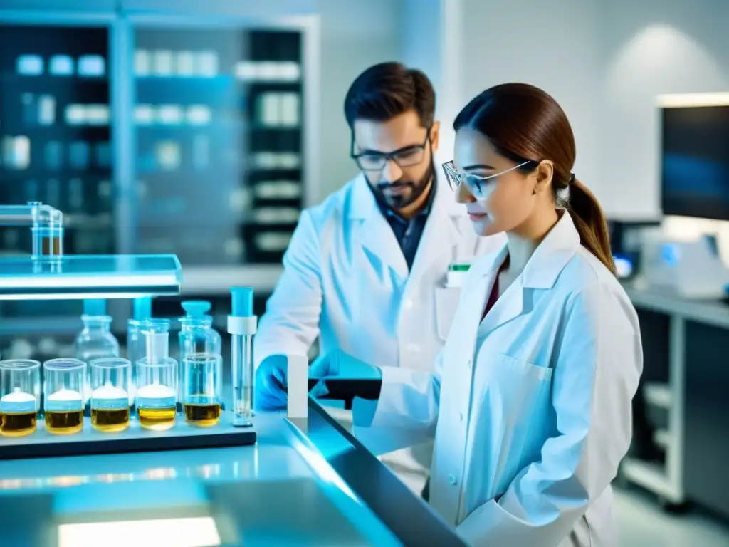 Avanzada investigación científica sobre suplementos para la salud pulmonar Investigadores realizan estudios con suplementos para la salud pulmonar en un moderno laboratorio, destacando el profesionalismo y la autoridad científica