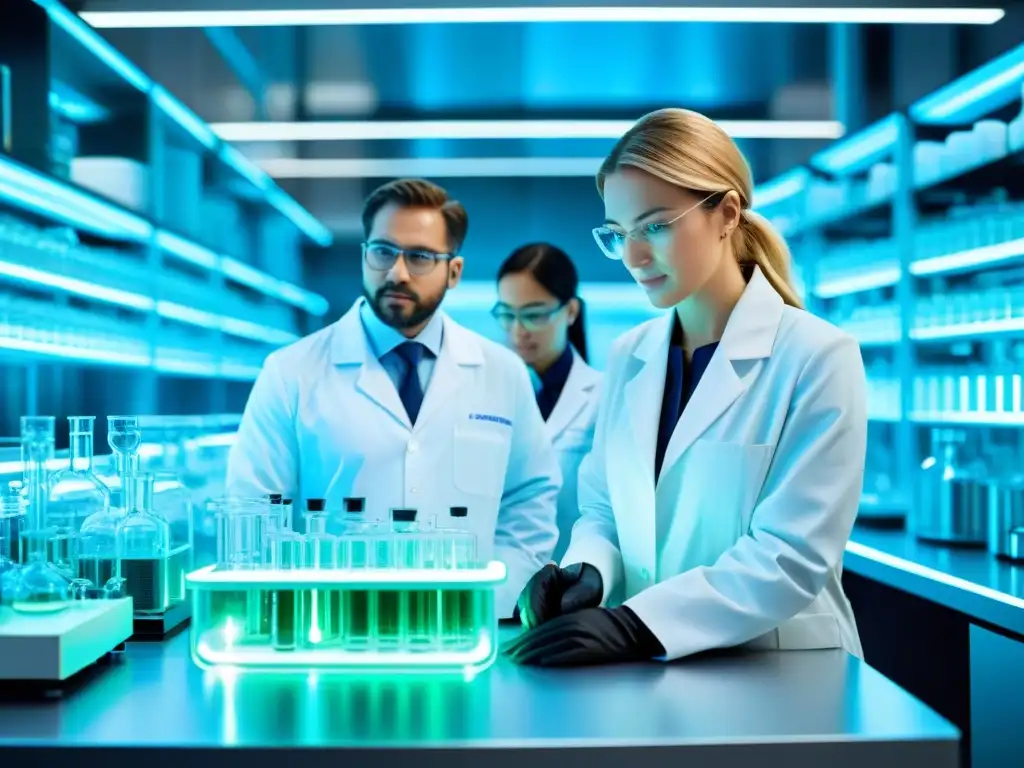 Avanzada investigación de enzimas digestivas en laboratorio Investigadores expertos analizan datos en un moderno laboratorio científico, destacando la eficacia enzimas digestivas ciencia