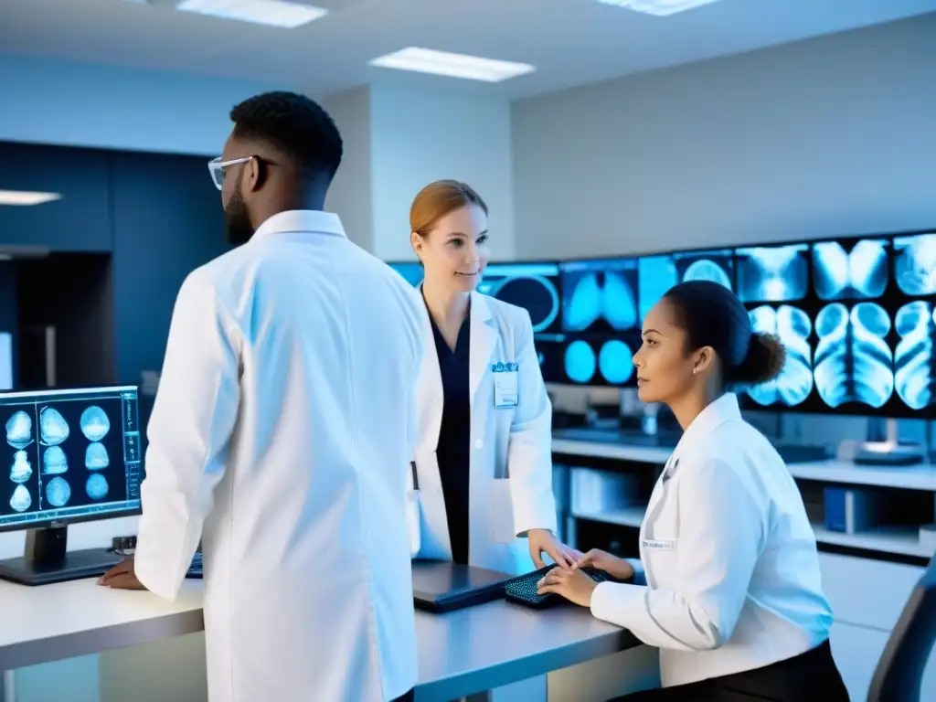 Estudio científico en laboratorio de investigación de salud ósea Investigadores expertos analizan muestras óseas y datos en un laboratorio científico bien iluminado