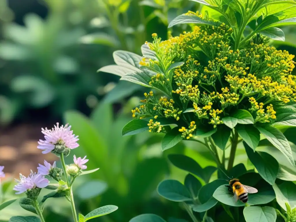 Jardín de Hierbas Adaptógenas: Vida Vibrante y Vitalidad Natural Un jardín de hierbas adaptógenas vibrantes, lleno de vida y luz, muestra la belleza natural de los suplementos adaptógenos para mayor resiliencia