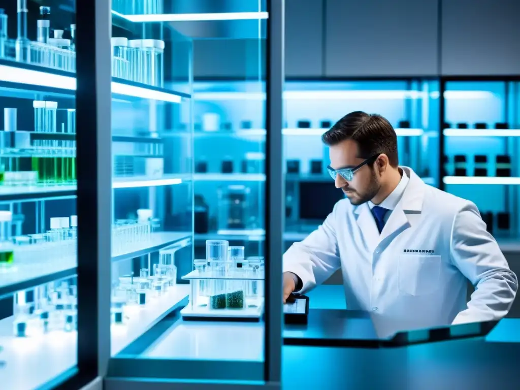 Avanzada investigación en laboratorio para suplementos microbiota Un laboratorio de alta tecnología donde científicos en batas blancas trabajan en suplementos innovadores para microbiota