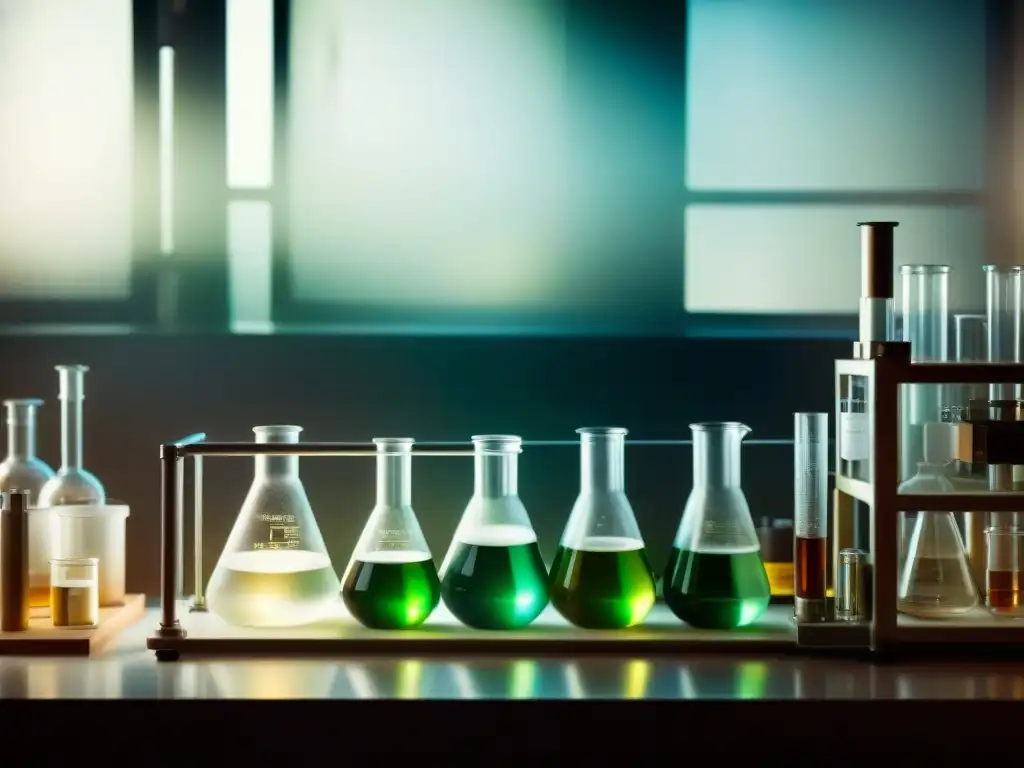 Experimento científico fascinante en laboratorio Un laboratorio científico detallado, con equipamiento de vidrio y vapor misterioso en una escena de intriga científica
