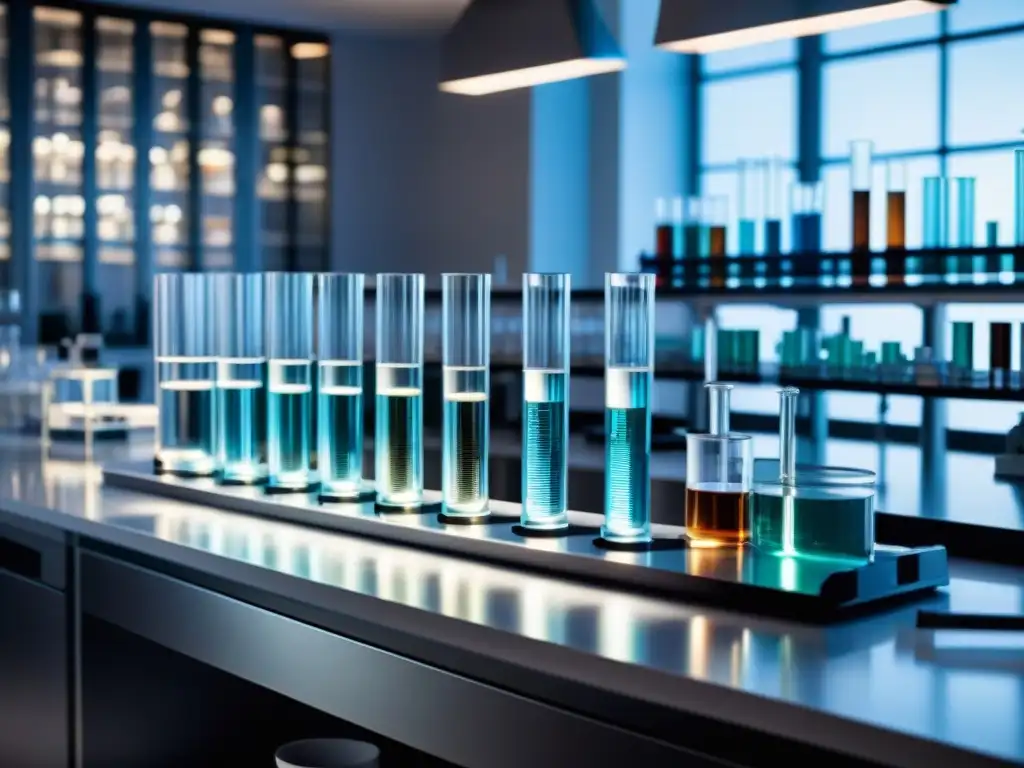 Imagen 8K de laboratorio científico con precisión y tecnología avanzada Un laboratorio científico con filas de tubos de ensayo y equipo de precisión