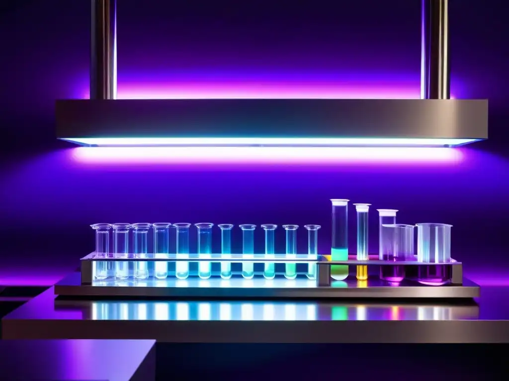 Experimento científico con líquido púrpura brillante en laboratorio moderno Un laboratorio científico futurista con tubos de ensayo brillantes y líquido púrpura, para 'Beneficios del rubidio para salud mental'