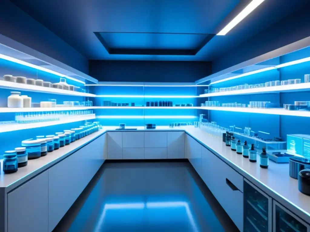 Lab de Nutrición Deportiva: Innovación y Precisión Un laboratorio deportivo futurista y profesional con científicos analizando la interacción de nutrientes y suplementos en una atmósfera azul suave