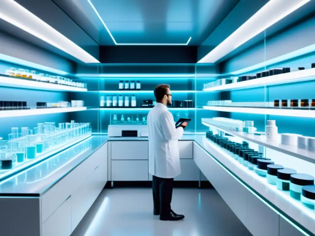 Lab futurista con suplementos antienvejecimiento de alta tecnología Un laboratorio futurista de alta tecnología con suplementos antienvejecimiento de alta gama en estantes de vidrio, científicos analizándolos