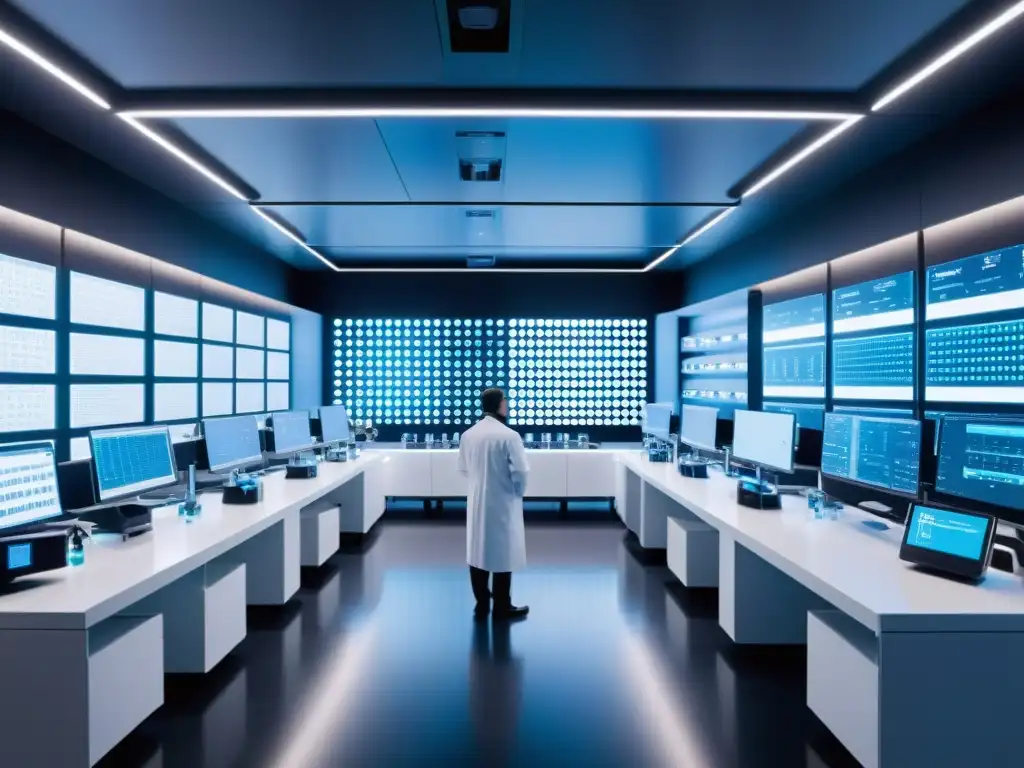 Lab futurista de alta tecnología para suplementos inteligentes Un laboratorio futurista de alta tecnología donde científicos desarrollan suplementos inteligentes con inteligencia artificial