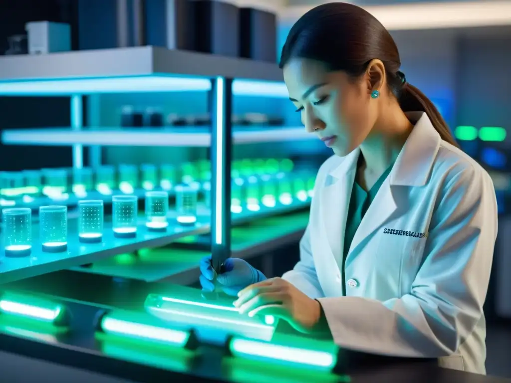 Un laboratorio futurista de alta tecnología con científicos analizando secuencias de ADN para crear suplementos personalizados adaptados al ADN