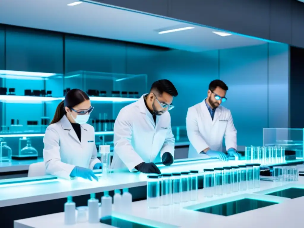 Avanzada investigación nanotecnológica en laboratorio Un laboratorio futurista con científicos en batas blancas realizando pruebas en líquido nanotecnológico brillante