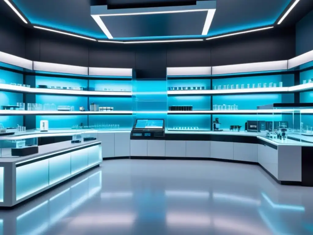 Un laboratorio futurista con científicos en batas blancas realizando experimentos