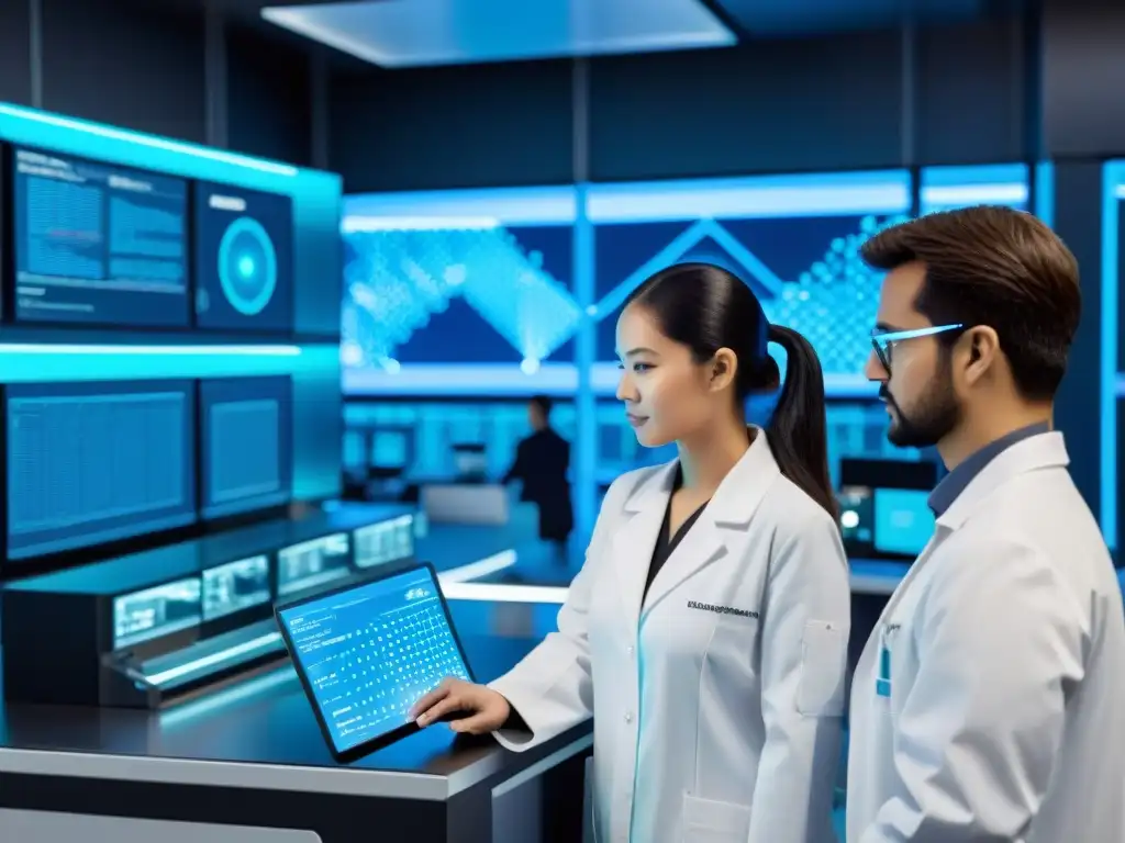 Avanzada nanotecnología en un laboratorio futurista de alta tecnología Un laboratorio futurista con científicos trabajando en equipos de nanotecnología, rodeados de displays futuristas mostrando estructuras moleculares
