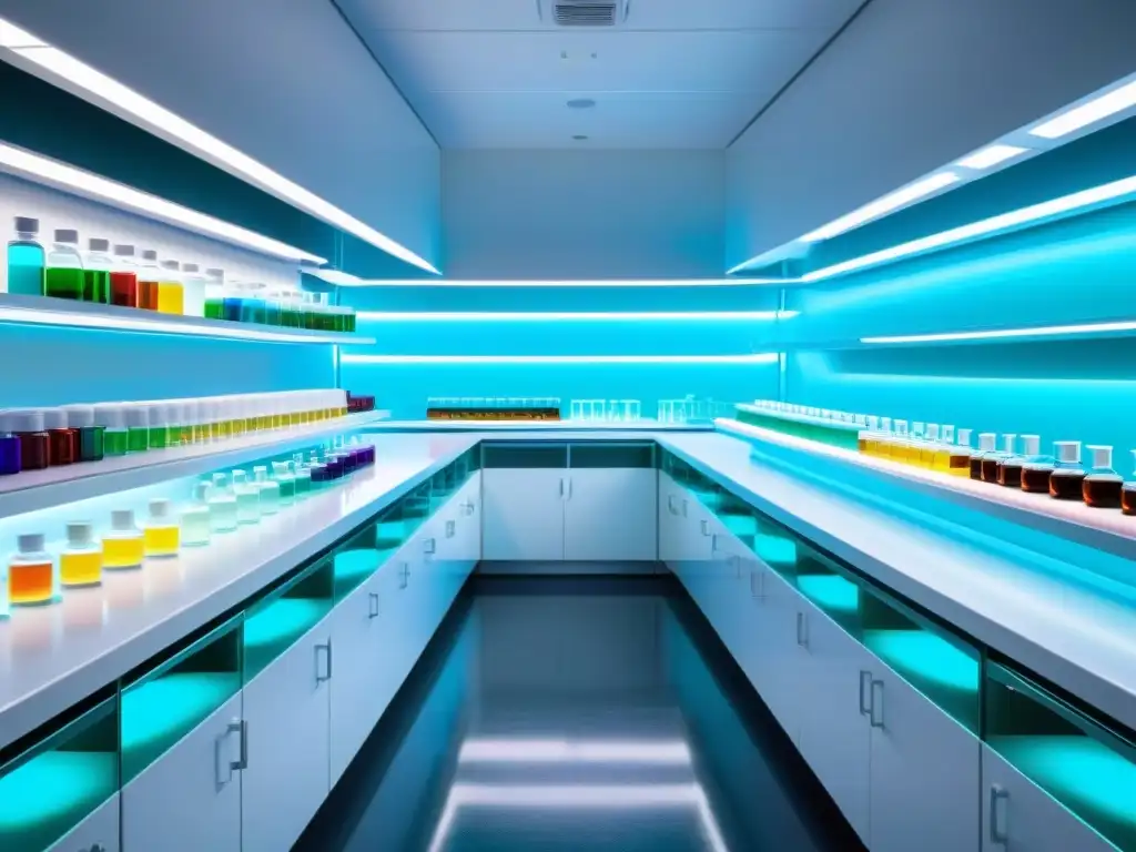 Desarrollo de Suplementos Sintéticos: Innovación en Laboratorio Un laboratorio futurista con científicos sintetizando suplementos nutricionales
