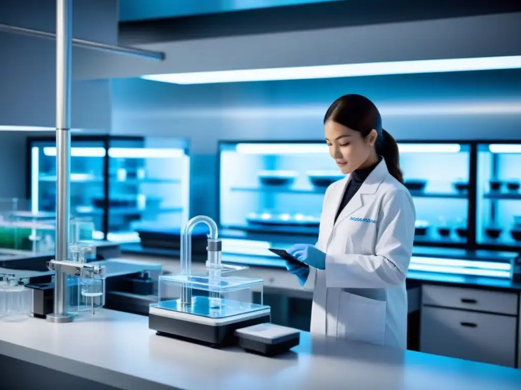 Lab Nutricional del Futuro: Innovación Sostenible Un laboratorio futurista con científicos desarrollando suplementos nutricionales naturales vs sintéticos, mostrando innovación y esperanza