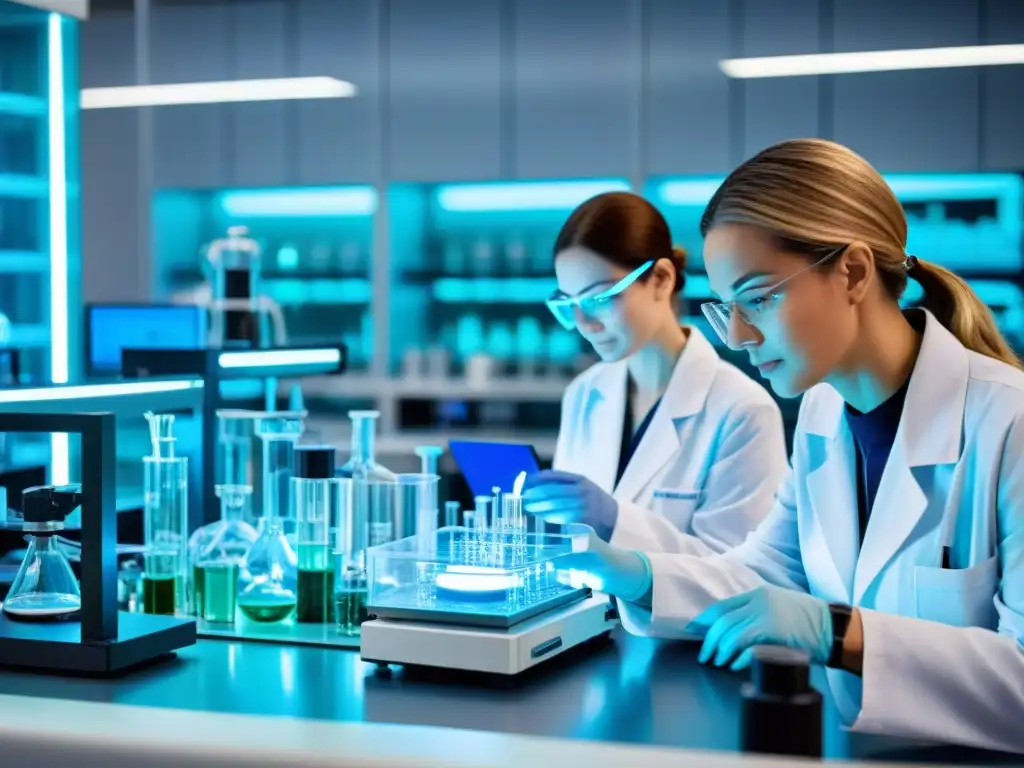 Experimentos de vanguardia con telurio para prevenir el cáncer Un laboratorio futurista con científicos investigando telurio para la prevención del cáncer