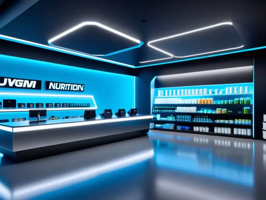 Lab de Nutrición Deportiva Futurista: Suplementos Personalizados Un laboratorio futurista de nutrición deportiva con diseño minimalista y tecnología de vanguardia, donde se crean suplementos nutricionales personalizados para atletas