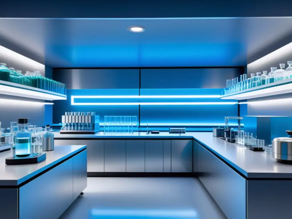 Síntesis de Aminoácidos Esenciales: Avanzada Innovación Científica Un laboratorio futurista con equipo avanzado para la síntesis de aminoácidos esenciales