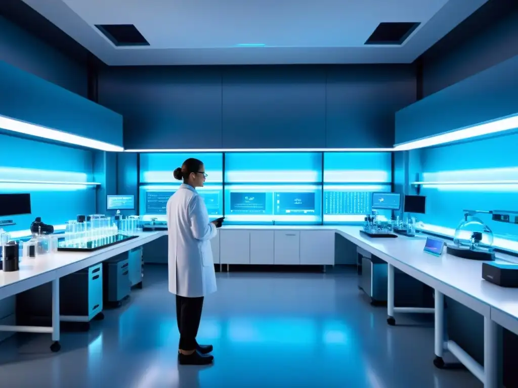 Lab de biohacking futurista y profesional Un laboratorio futurista con estaciones de trabajo metálicas y equipamiento biohackeo