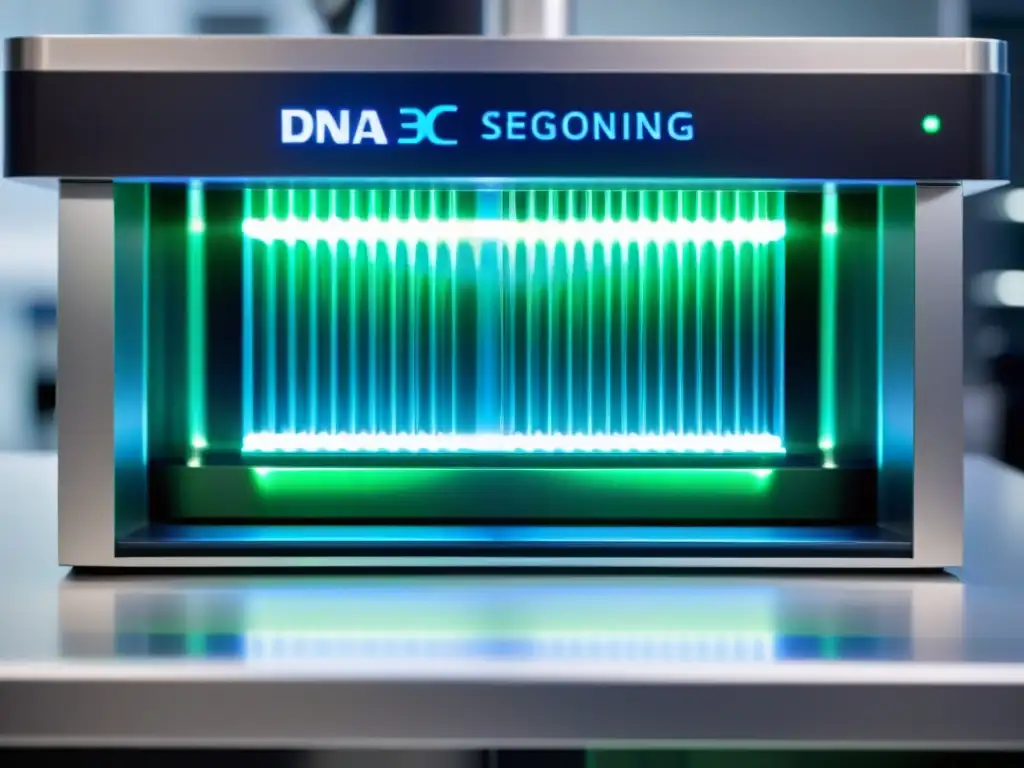 Un laboratorio futurista con una máquina de secuenciación de ADN detallada y brillante