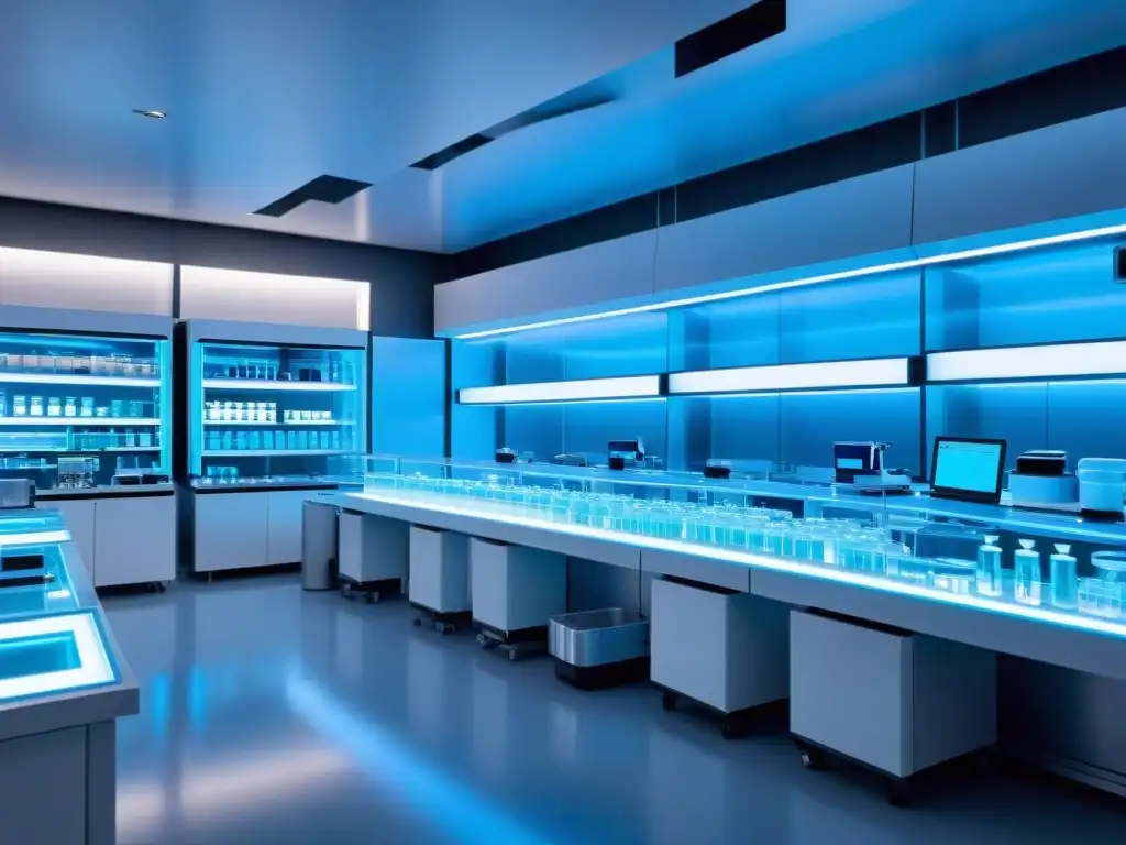 Lab futurista con inteligencia artificial en la creación de suplementos Un laboratorio futurista con maquinaria avanzada y científicos monitoreando la personalización de suplementos, bañado en un suave resplandor azul
