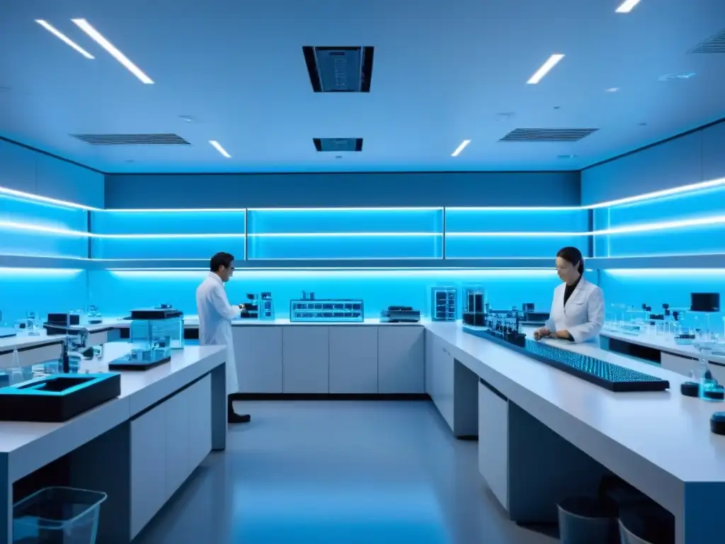 Lab de Investigación Avanzada: Científicos en Acción con Nootrópicos Un laboratorio futurista y minimalista, bañado en suave luz azul