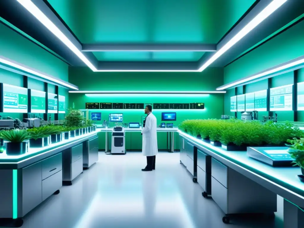 Lab futurista: Robótica, IA y suplementos personalizados Un laboratorio futurista con suplementos nutricionales diseñados con inteligencia artificial, maquinaria avanzada y científicos supervisando el proceso