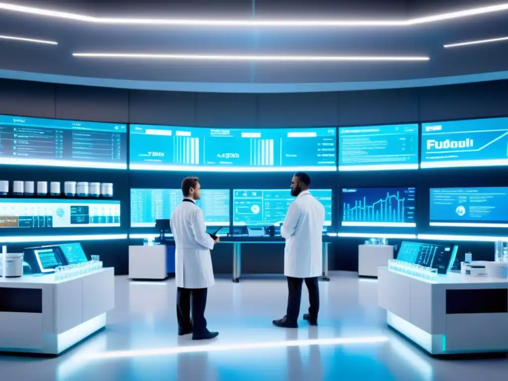 Avanzada tecnología genética para suplementos deportivos personalizados Un laboratorio futurista de tecnología genética crea suplementos deportivos personalizados con avanzada maquinaria y hologramas