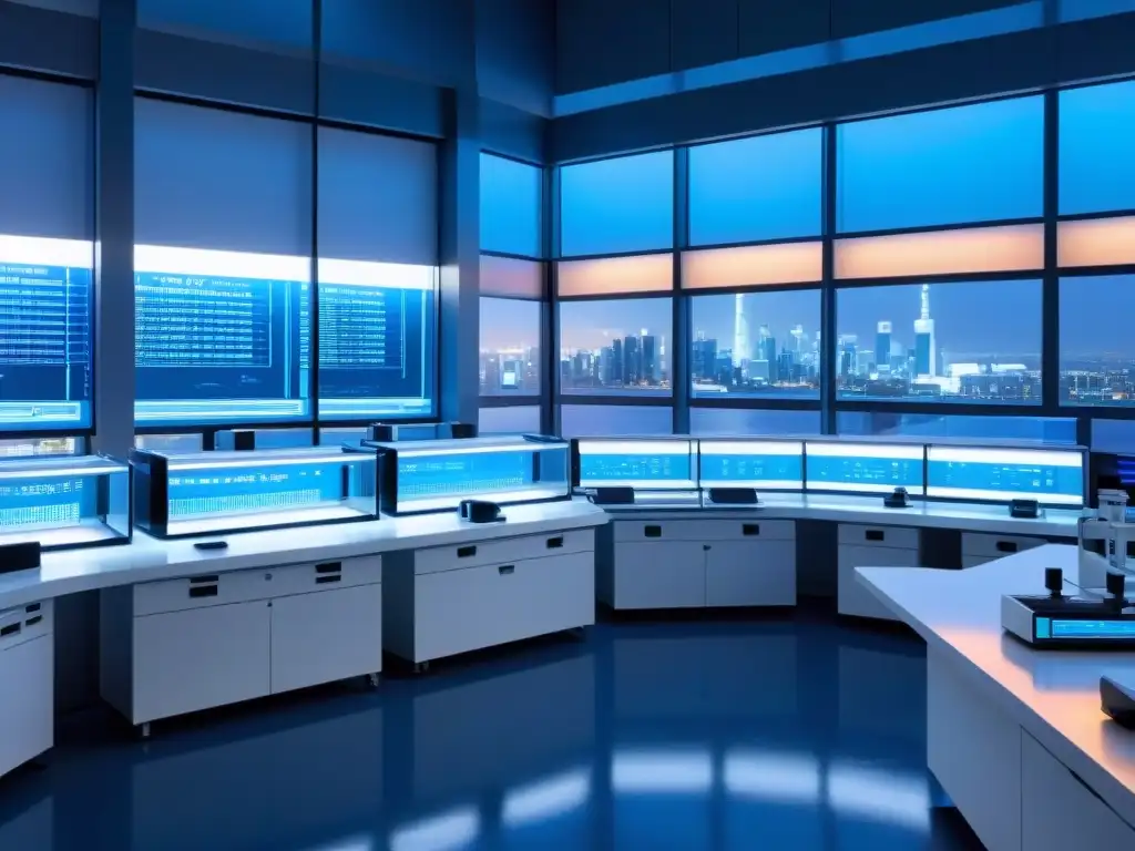 Lab innovador: científicos prueban suplementos nutricionales Un laboratorio futurista con tecnología de vanguardia y científicos analizando suplementos nutricionales, bajo una suave luz azul