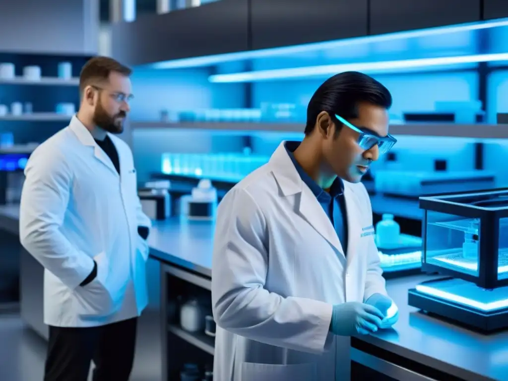 Avanzada fabricación de suplementos vitamínicos en laboratorio futurista Un laboratorio futurista con impresión 3D de vitaminas personalizadas supervisada por científicos