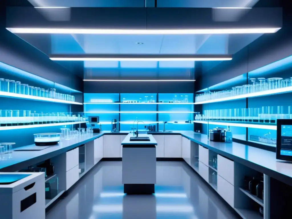 Lab de vanguardia: científicos, equipamiento y tecnología Un laboratorio moderno y elegante con científicos en bata, equipos de vanguardia y pantallas digitales mostrando datos metabólicos