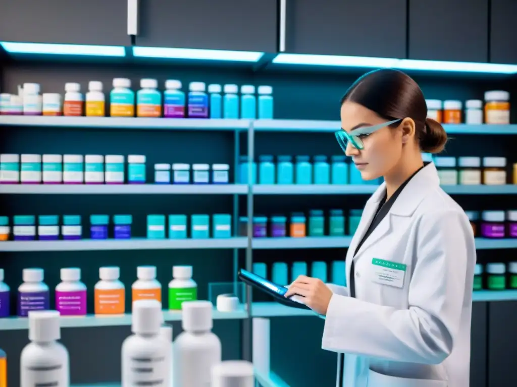 Suplementos nootrópicos de vanguardia en un laboratorio moderno Un laboratorio moderno con estantes de contenedores nootrópicos organizados y un científico midiendo dosis precisas