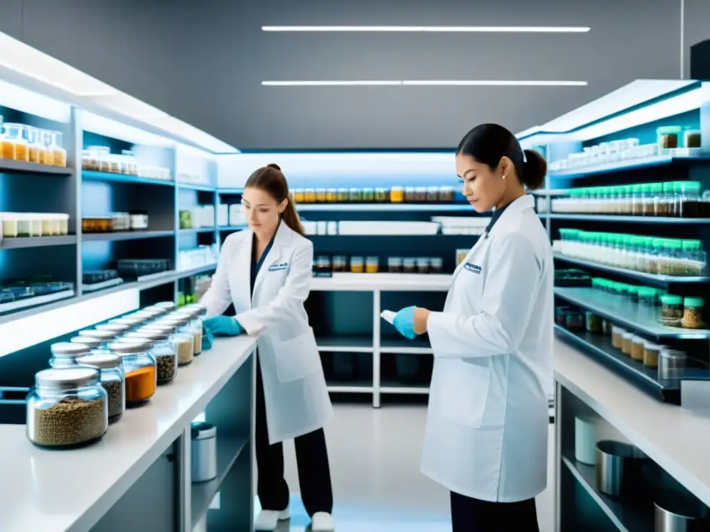 Creación precisa de suplementos post-entrenamiento en laboratorio moderno Un laboratorio moderno y brillantemente iluminado, donde científicos en batas miden y mezclan ingredientes para suplementos postentrenamiento para recuperación acelerada