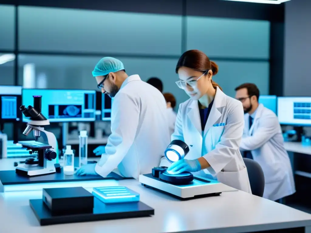 Equipo de investigación en laboratorio de suplementos Un laboratorio moderno y brillantemente iluminado, con profesionales investigando suplementos y su impacto en la función renal