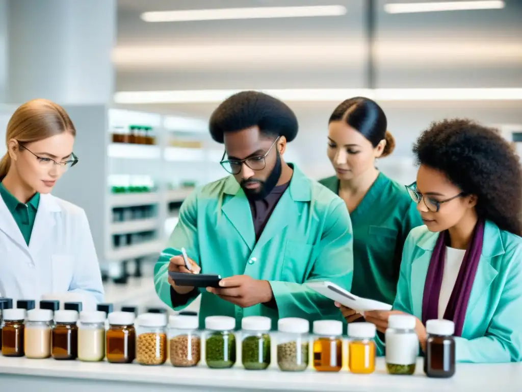 Equipo diverso analizando suplementos veganos en laboratorio moderno Un laboratorio moderno y limpio con personas diversamente que analizan suplementos veganos