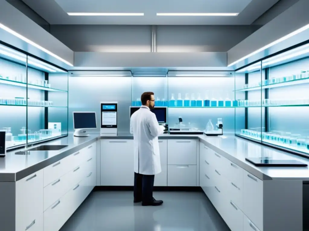 Certificación InformedChoice: Laboratorio moderno y transparente Un laboratorio moderno y luminoso con científicos examinando productos con certificaciones InformedChoice protegen consumidor