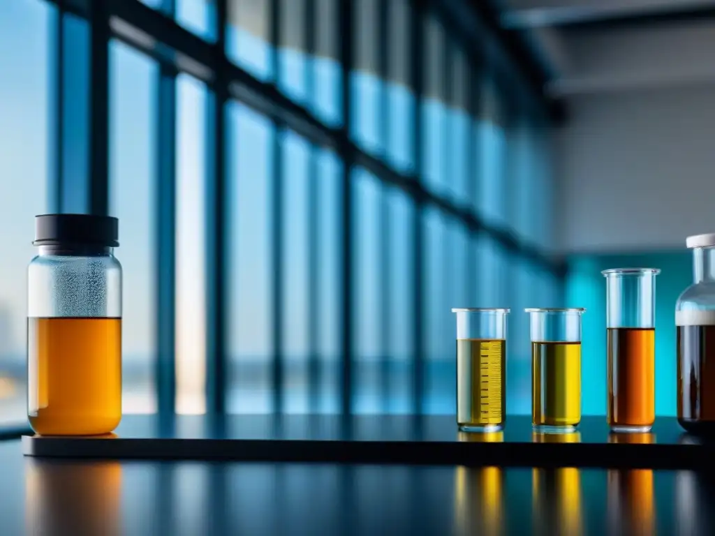 Entorno de laboratorio para investigación de suplementos post-entrenamiento Un laboratorio moderno y profesional con equipos científicos, enfocando la investigación de suplementos recuperación postentrenamiento ciencia