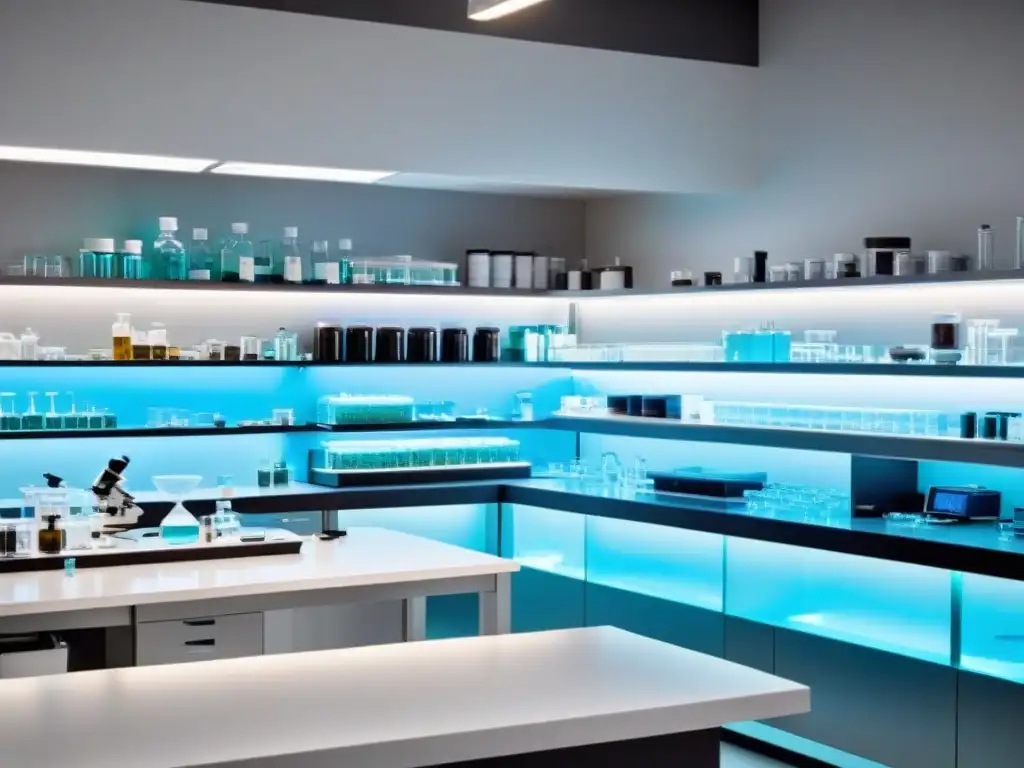 Lab moderno y sereno para investigación de suplementos Un laboratorio moderno y sereno con científicos examinando minuciosamente suplementos sin receta para ansiedad bajo microscopios potentes