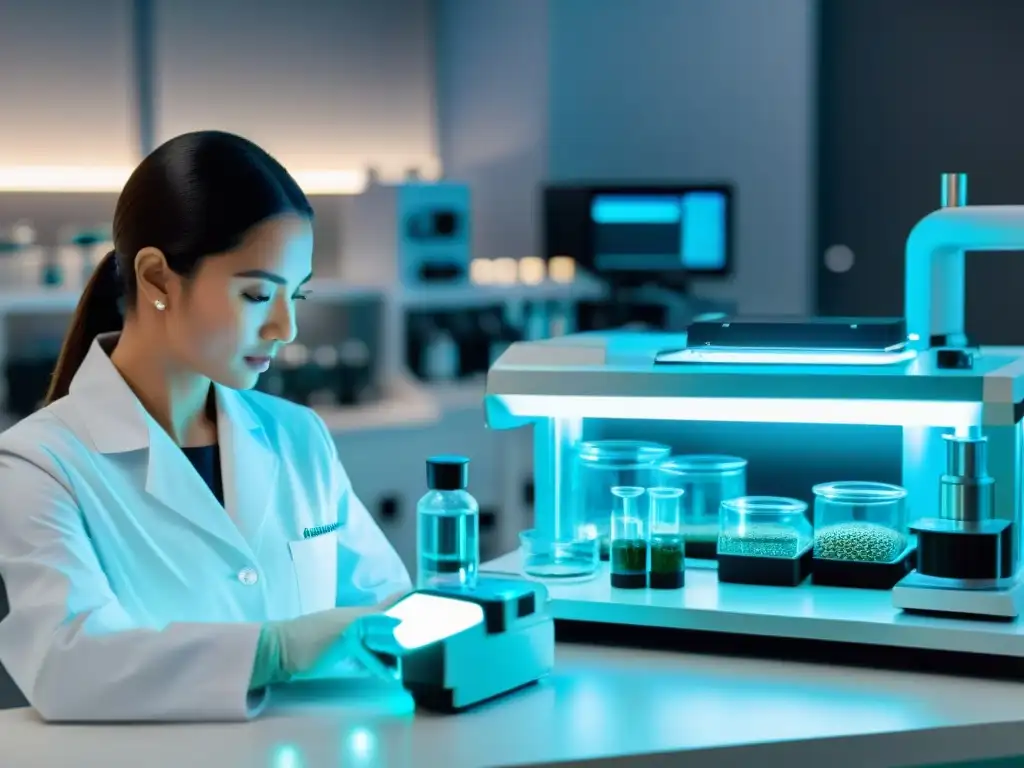 Avanzada investigación antienvejecimiento en laboratorio Un laboratorio moderno y sofisticado donde científicos realizan pruebas clínicas de suplementos antienvejecimiento efectivos