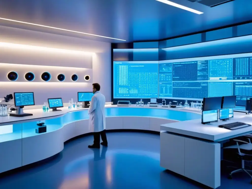 Lab nanotecnológico futurista: ciencia y deporte Un laboratorio de nanotecnología futurista con científicos, maquinaria avanzada y estructuras moleculares, bañado en luz azul