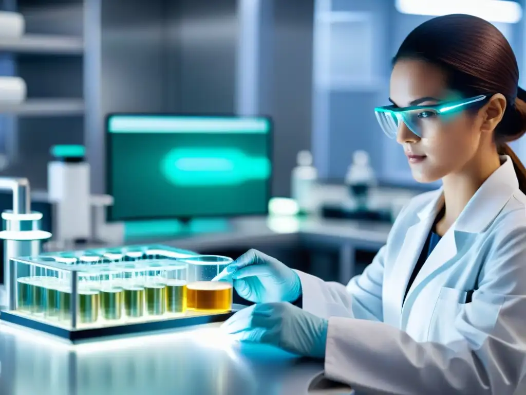 Producción de cápsula futurista en laboratorio de ingeniería genética Un laboratorio de tecnología genética crea un suplemento deportivo futurista en cápsula, con científicos monitoreando el proceso