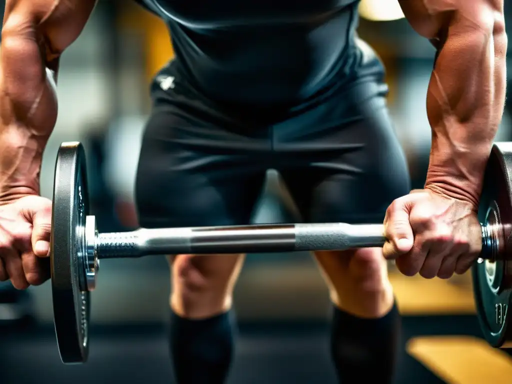 Un levantador se prepara para alzar pesas en un gimnasio moderno, con determinación y sudor en sus manos