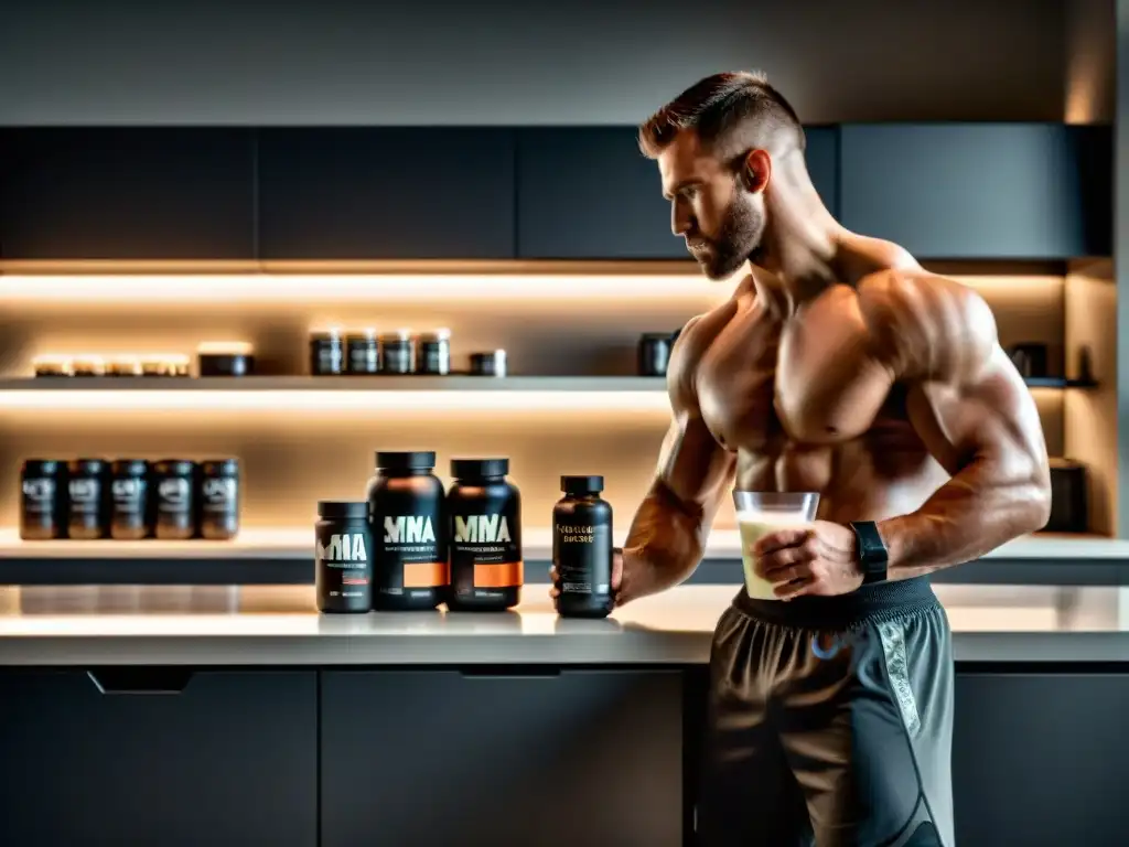 Un luchador de MMA prepara un batido de proteínas en una cocina moderna, con suplementos y vitaminas ordenados en el mostrador