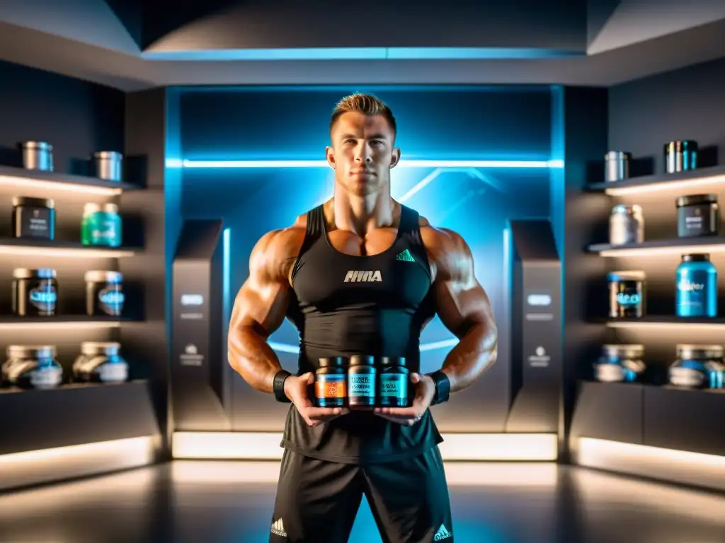 Un luchador de MMA listo para el rendimiento deportivo, rodeado de suplementos y bebidas deportivas de alta tecnología en un laboratorio futurista