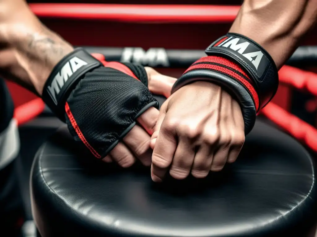 Un luchador de MMA se prepara meticulosamente para la pelea, envolviendo sus manos con un moderno vendaje negro y rojo