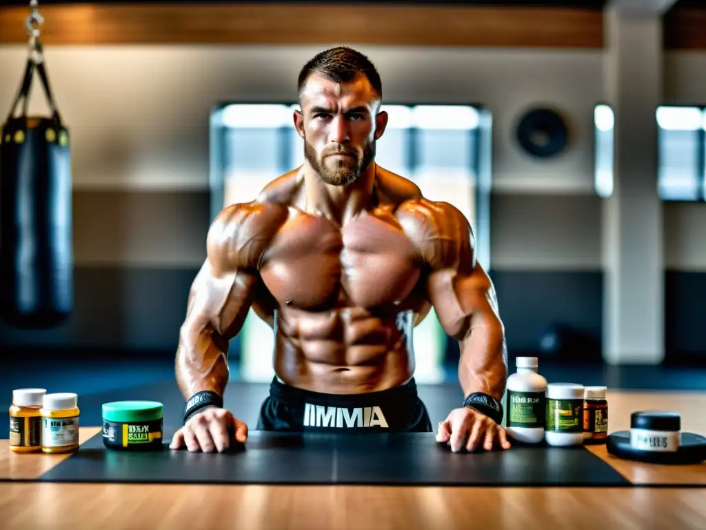 Un luchador de MMA profesional se prepara en el gimnasio, evaluando suplementos para rendimiento deportivo MMA con determinación y enfoque