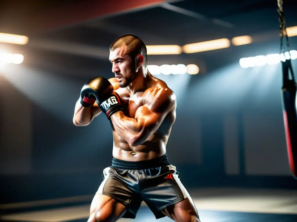 Un luchador de MMA profesional se entrena con intensidad en un gimnasio moderno, transmitiendo determinación y enfoque