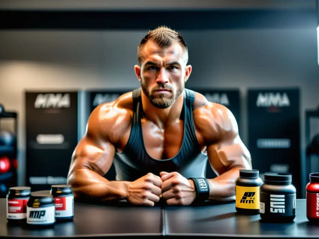 Un luchador de MMA profesional se prepara para entrenar rodeado de suplementos para rendimiento deportivo