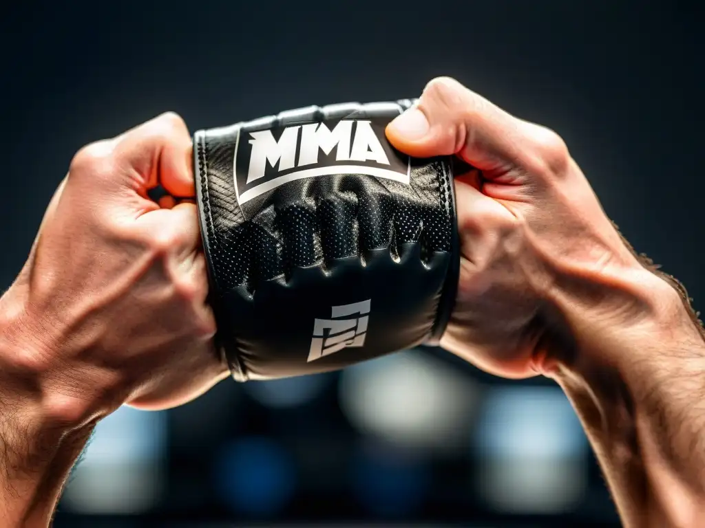 Un luchador de MMA se prepara con suplementos para rendimiento deportivo, mostrando concentración y determinación en su técnica de vendaje de manos